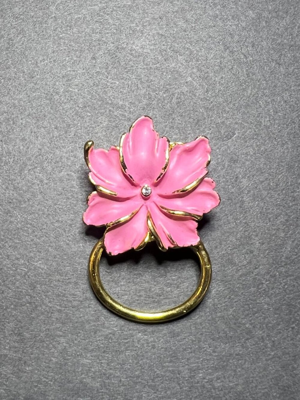 Vintage Pink Enamel Flower Gold Tone Eyeglass / Badge Holder Pin Brooch 1.5"